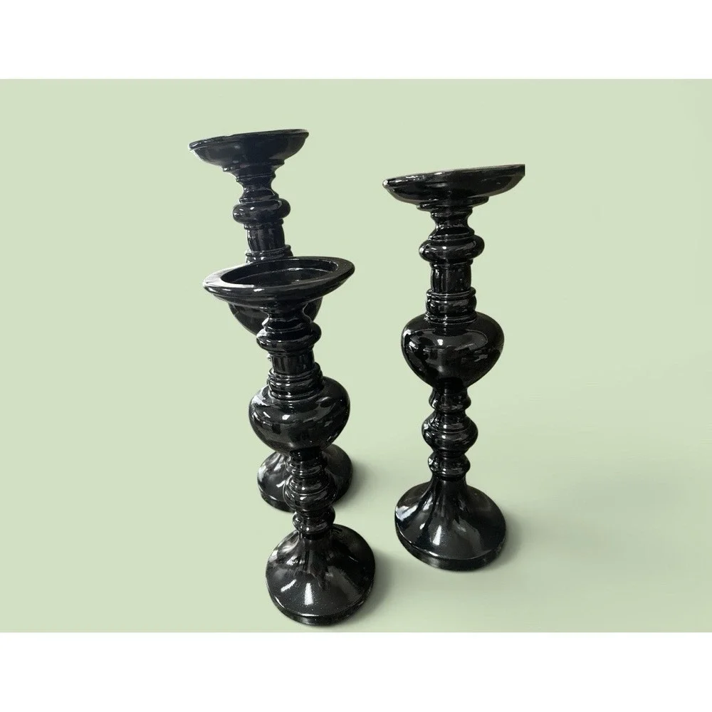 3 Black Tall Candle Sticks Candle Holders Resin Pillar Candles Modern Decor